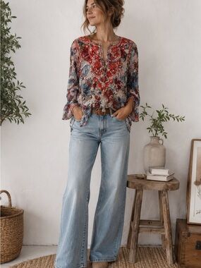 Marigold 100% Silk Embroidered Blouse Multicolor Floral Ptp 19”